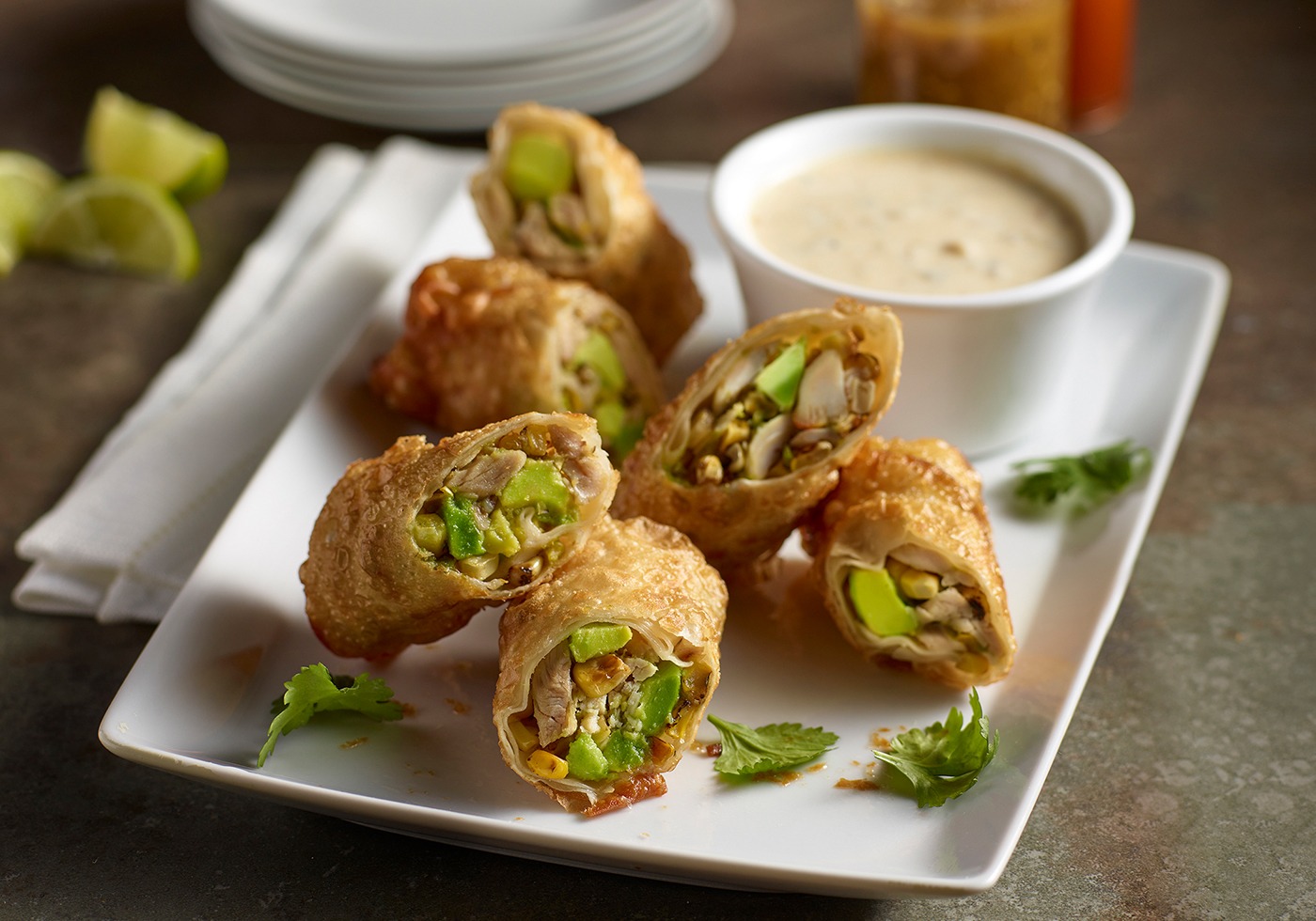 Avocado and Smoked Chicken Eggrolls on plate