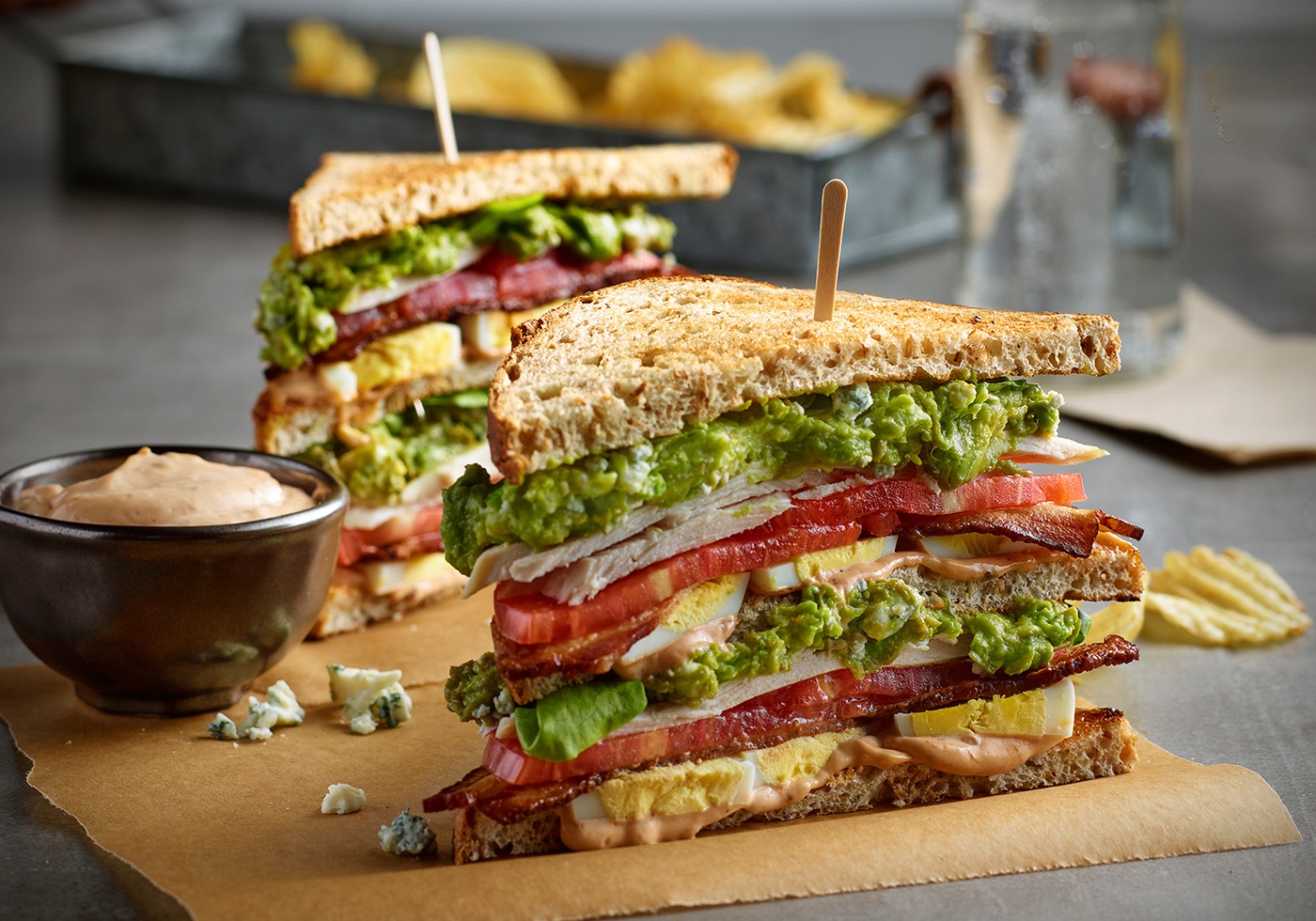 The cobb club sandwich cut in triangles