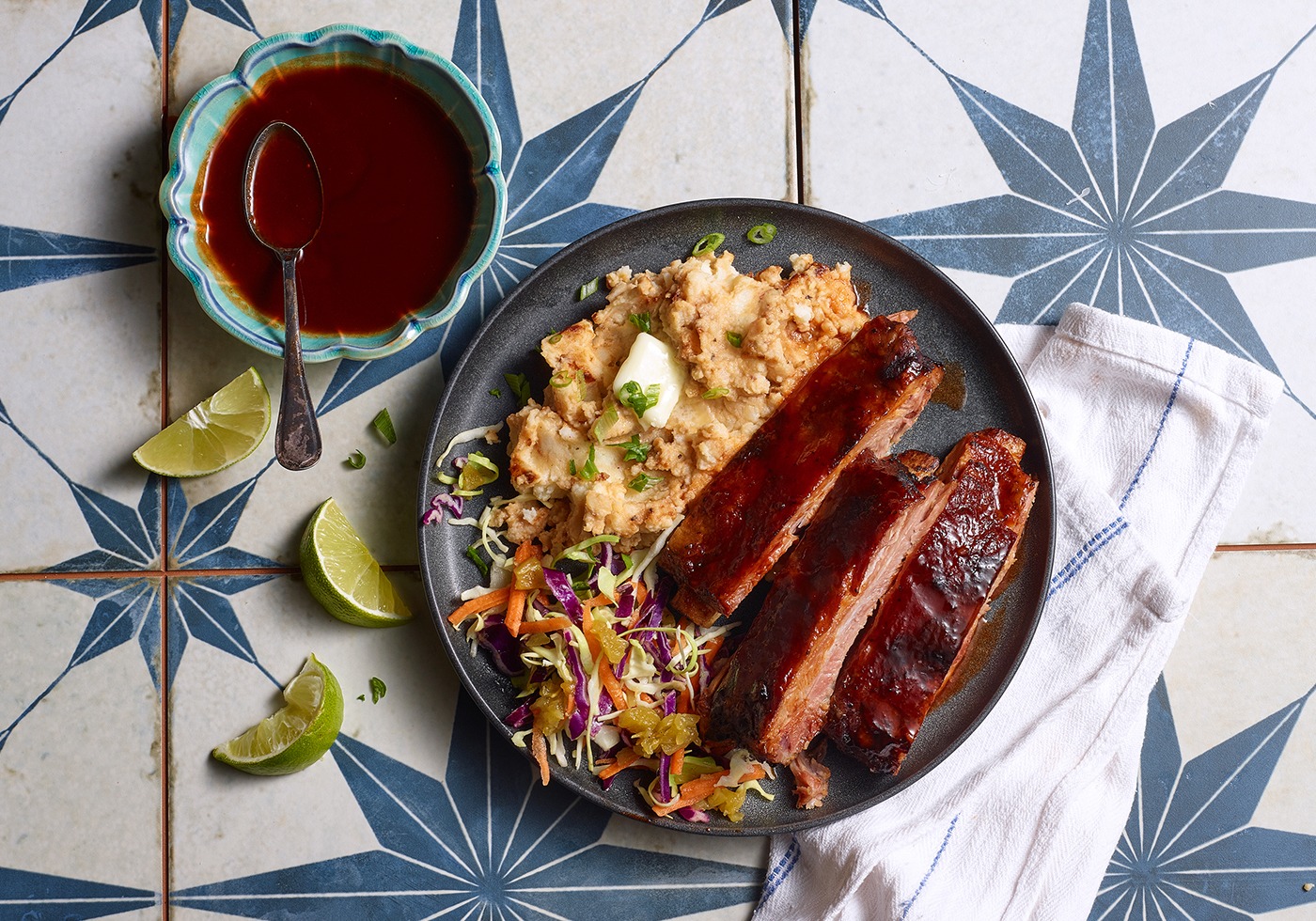 Honey Guajillo Glazed Pork Ribs with mashed potatoes on plate overhead