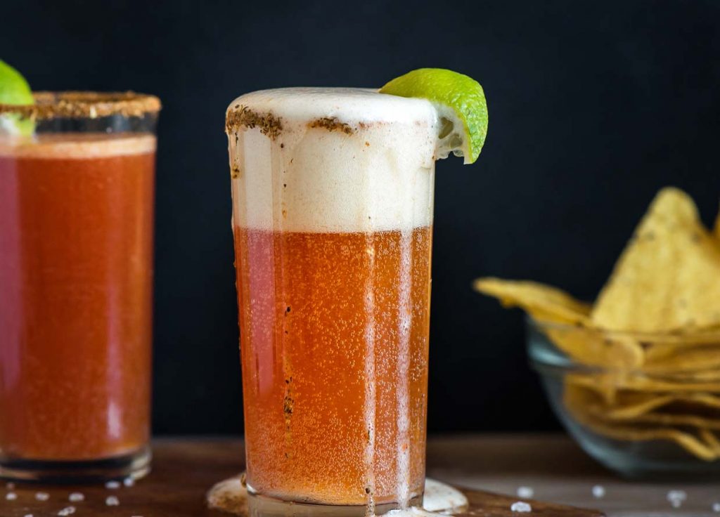 Michelada in glass with lime