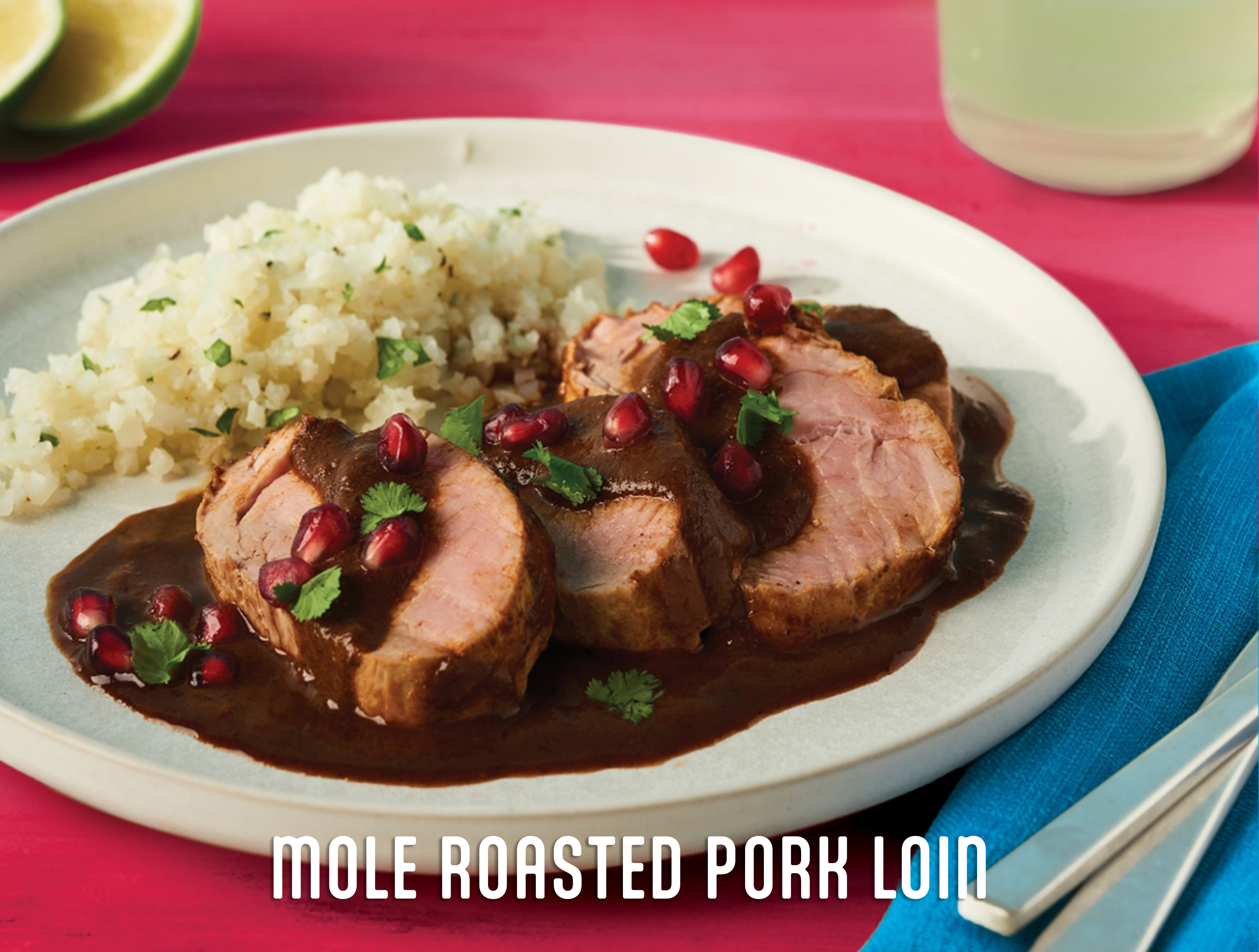 mole roasted pork loin on a white plate with a side of rice