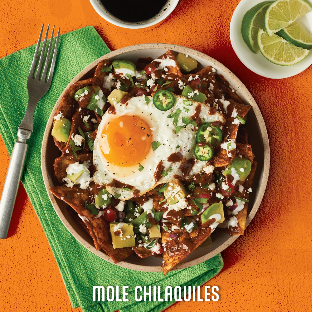 an overhead shot of mole chilaquiles 