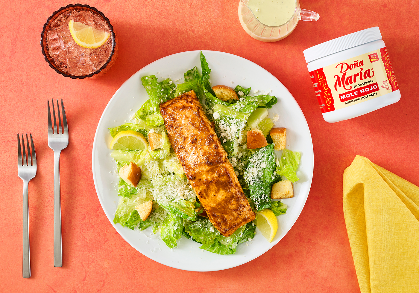 Mole Spiced Salmon Avocado Caesar Salad